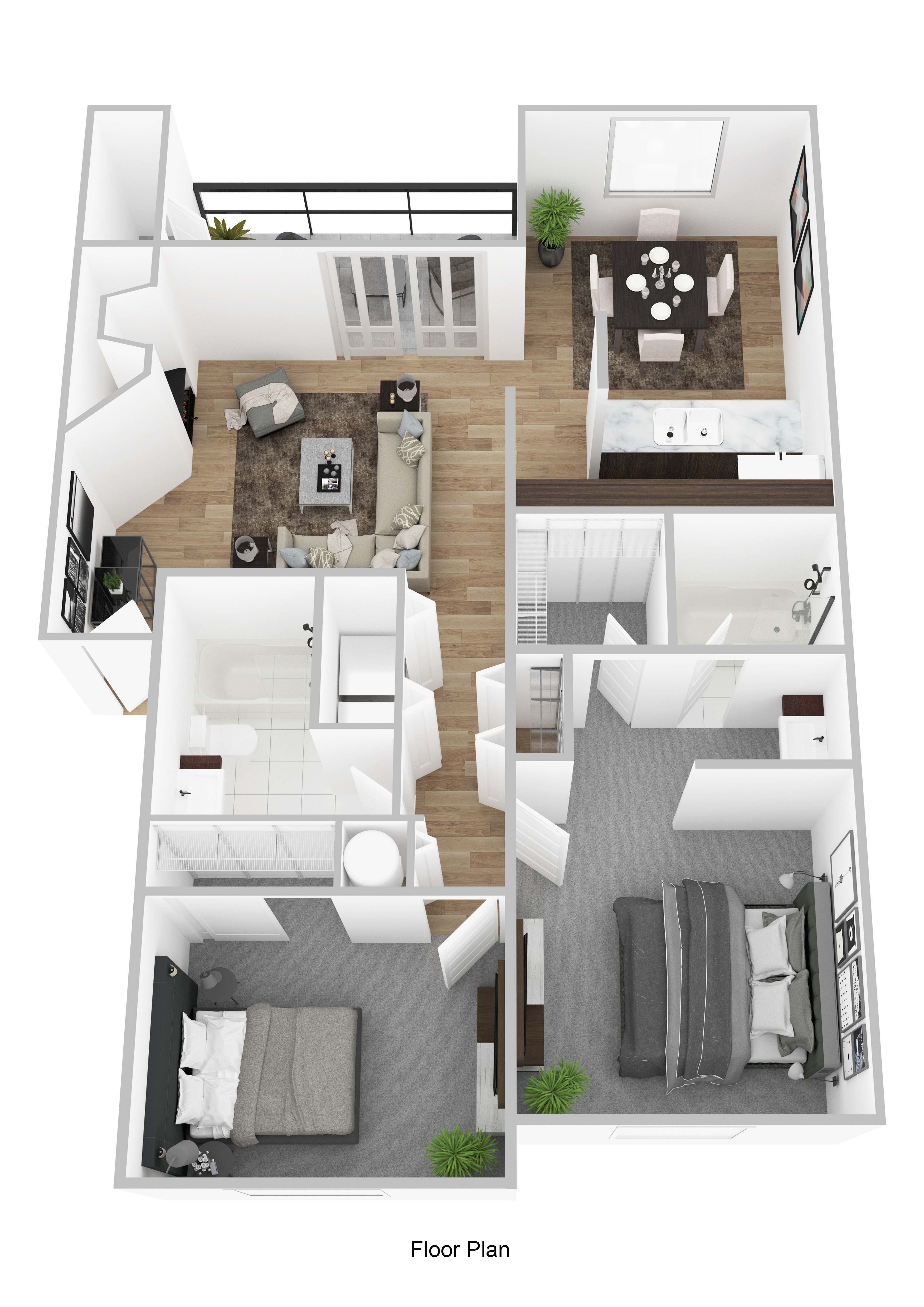 Floor plan for 2 beds, 2 baths, 992 sqft